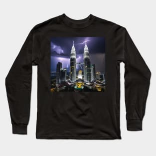 Iconic World Landmarks During A Thunderstorm : The Petronas Towers Kuala Lumpur Long Sleeve T-Shirt